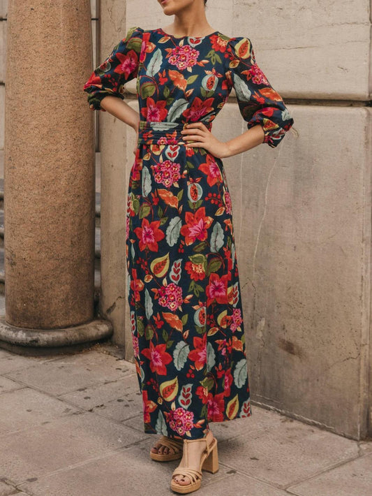 Bubble Sleeve Printed Midi Dress