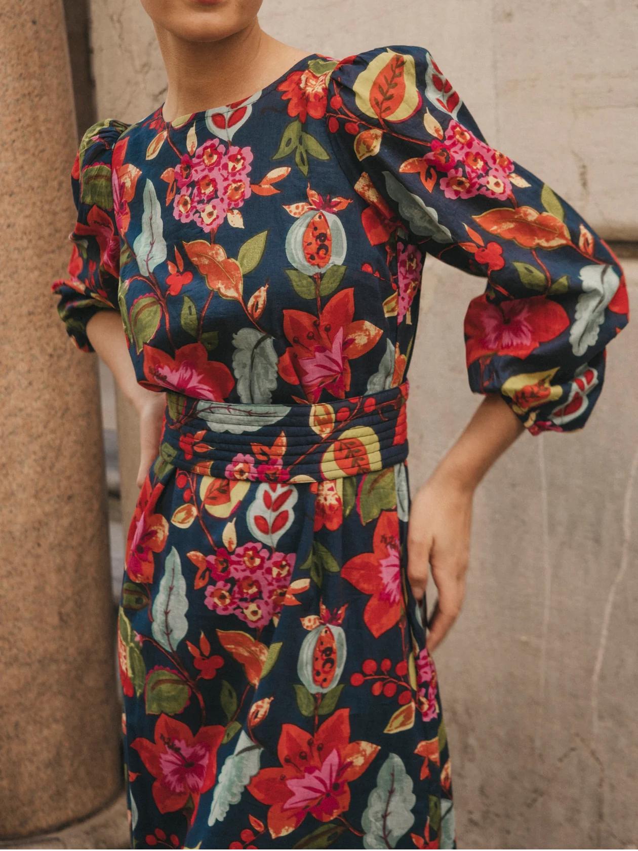 Bubble Sleeve Printed Midi Dress