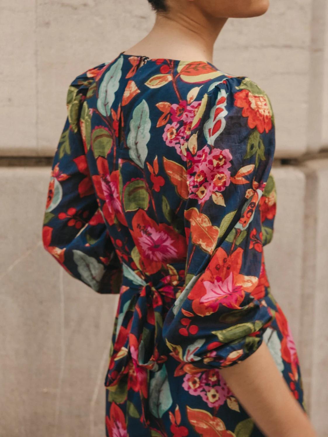 Bubble Sleeve Printed Midi Dress