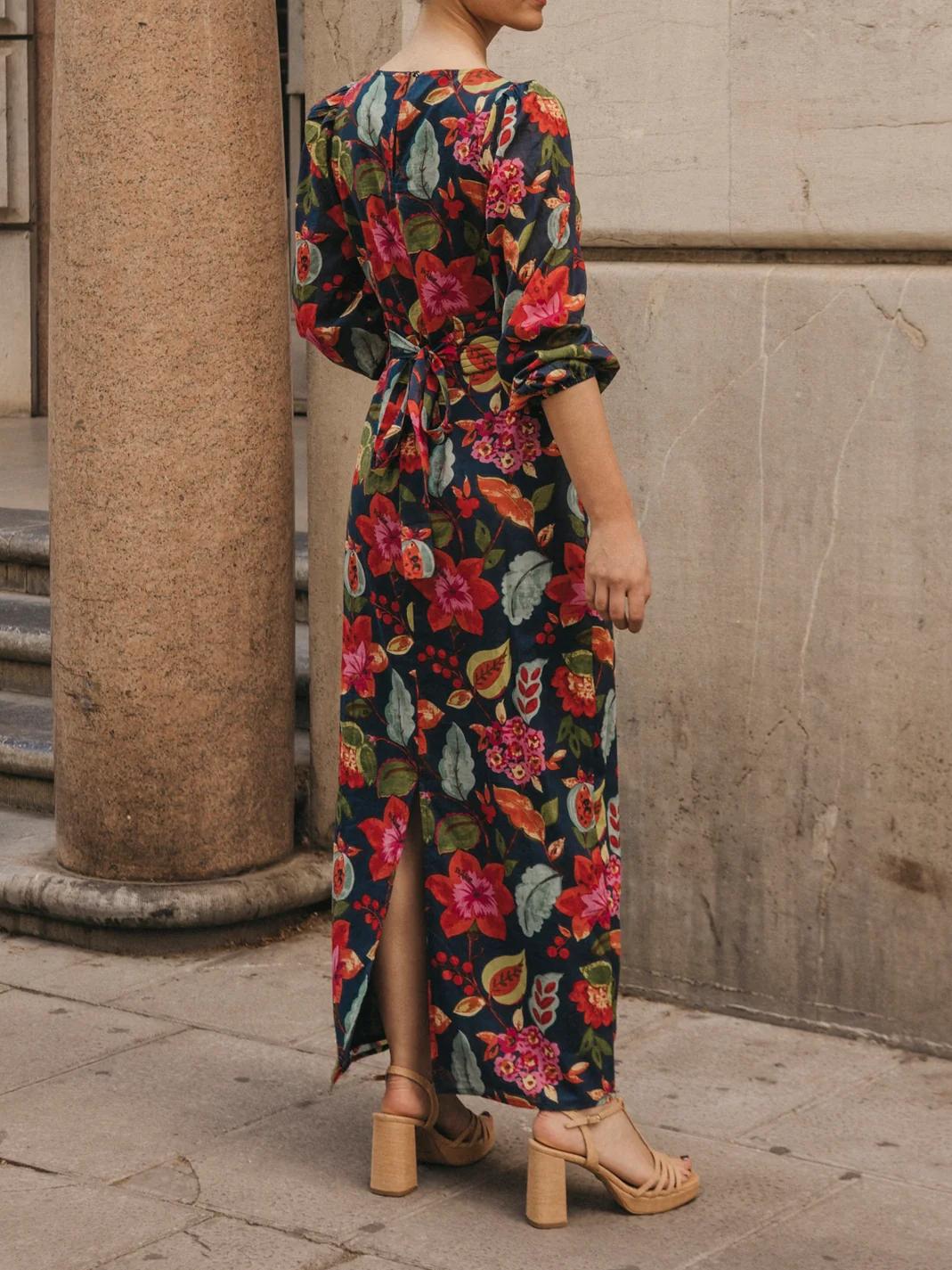 Bubble Sleeve Printed Midi Dress