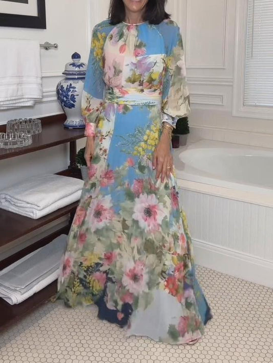 Patchwork Print Pleated Maxi Dress