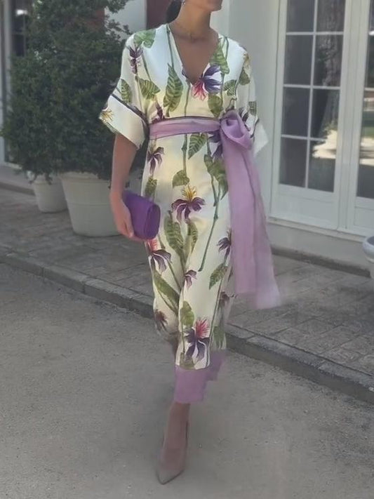 Elegant V-neck Printed Belted Dress