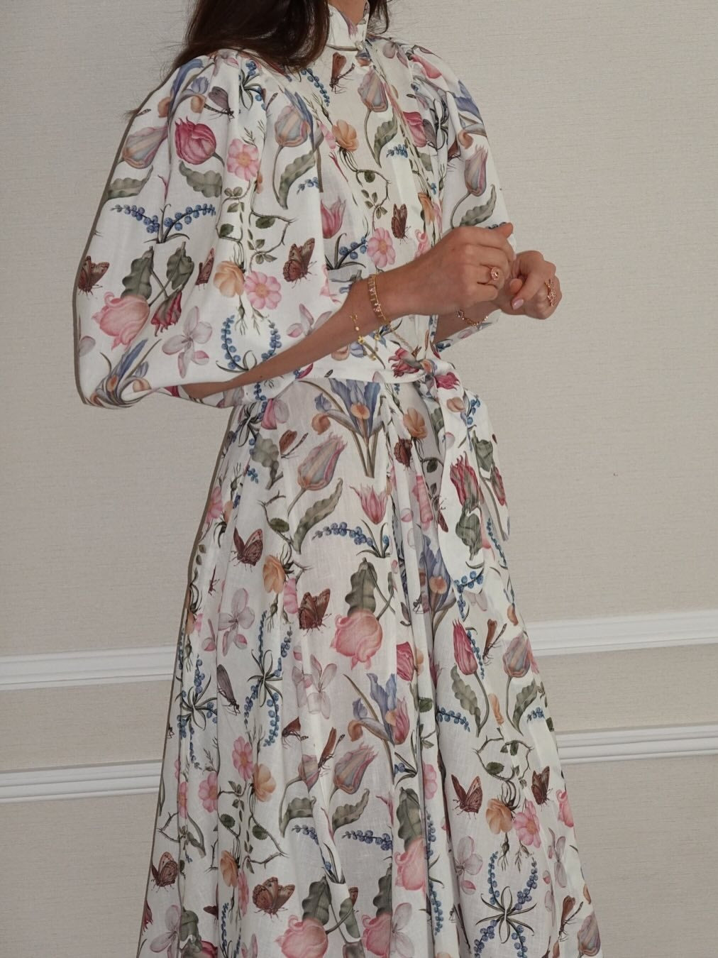 Bubble Sleeve Printed Belted Midi Dress