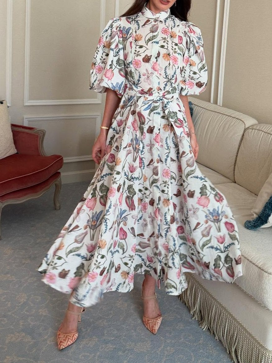 Bubble Sleeve Printed Belted Midi Dress