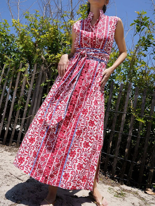 Sleeveless Printed Belted Dress