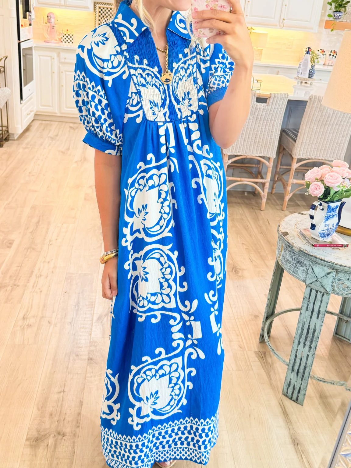 Blue Mixed Print Puff Sleeve Midi Dress