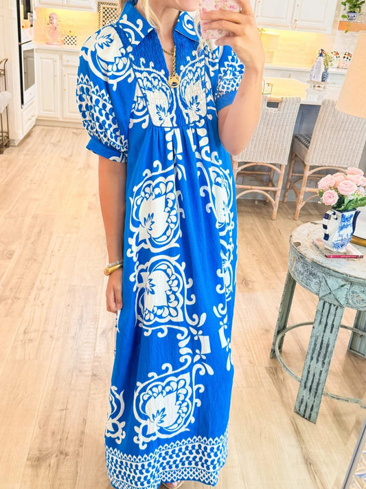 Blue Mixed Print Puff Sleeve Midi Dress