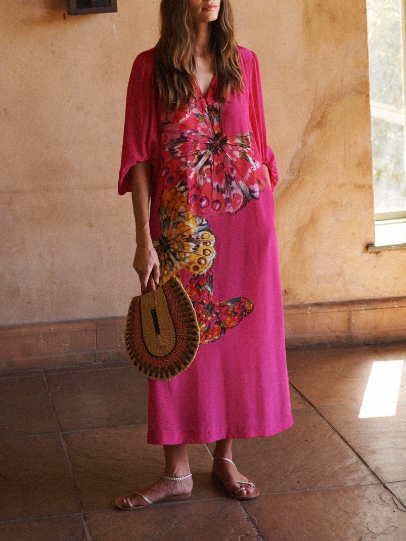 Silk Butterfly Print Dress