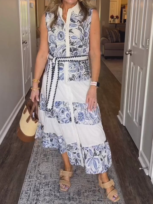 Women's Sleeveless Collar Neck Floral Midi Dress