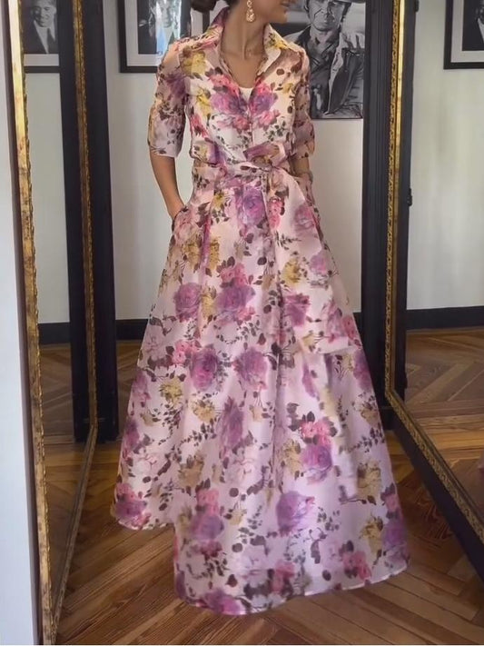 Chiffon Printed Shirt Tie Belt Dress