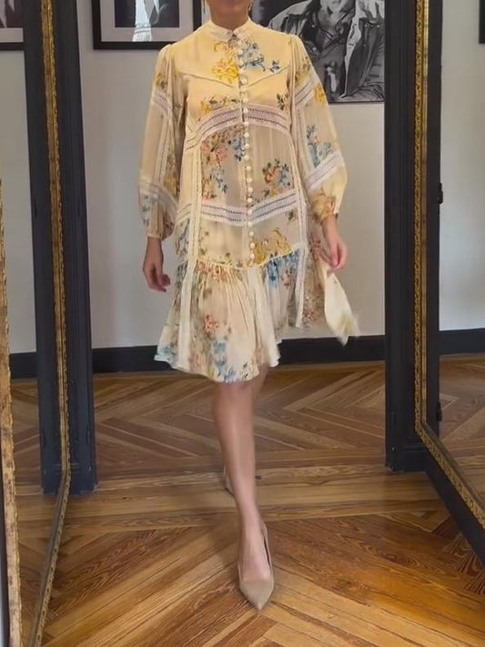 Bubble Sleeve Printed Elegant Dress