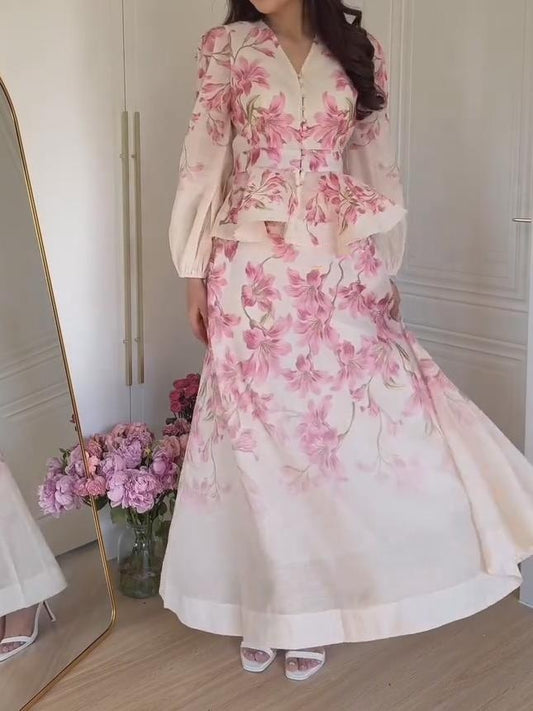 Floral Waist-slimming Elegant Two-Piece Dress