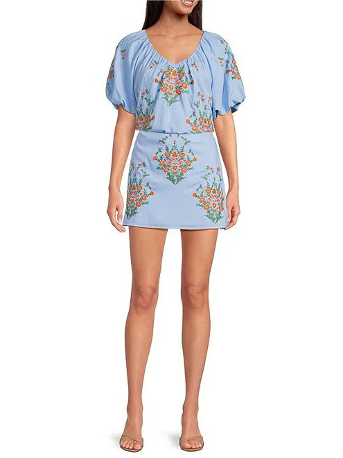 Bubble Sleeve Embroidered Two Piece Set