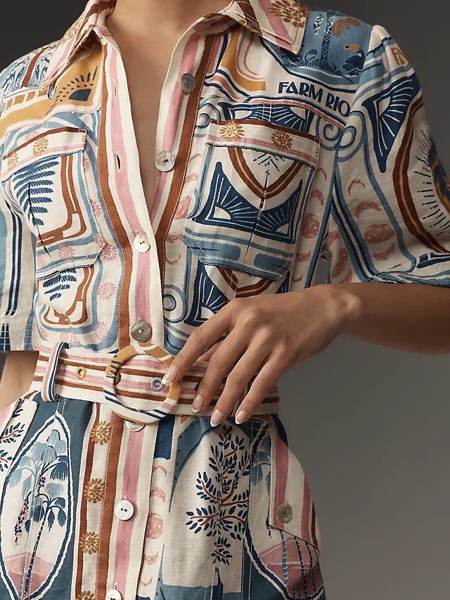 Short-Sleeve Belted Linen Mini Dress