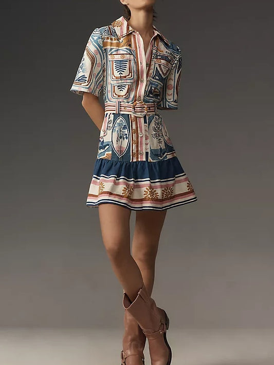 Short-Sleeve Belted Linen Mini Dress