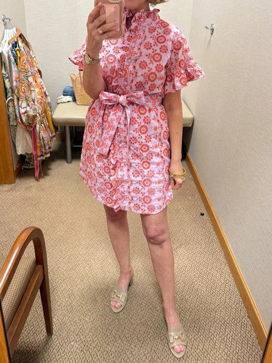 Ruffle Printed Belted Dress