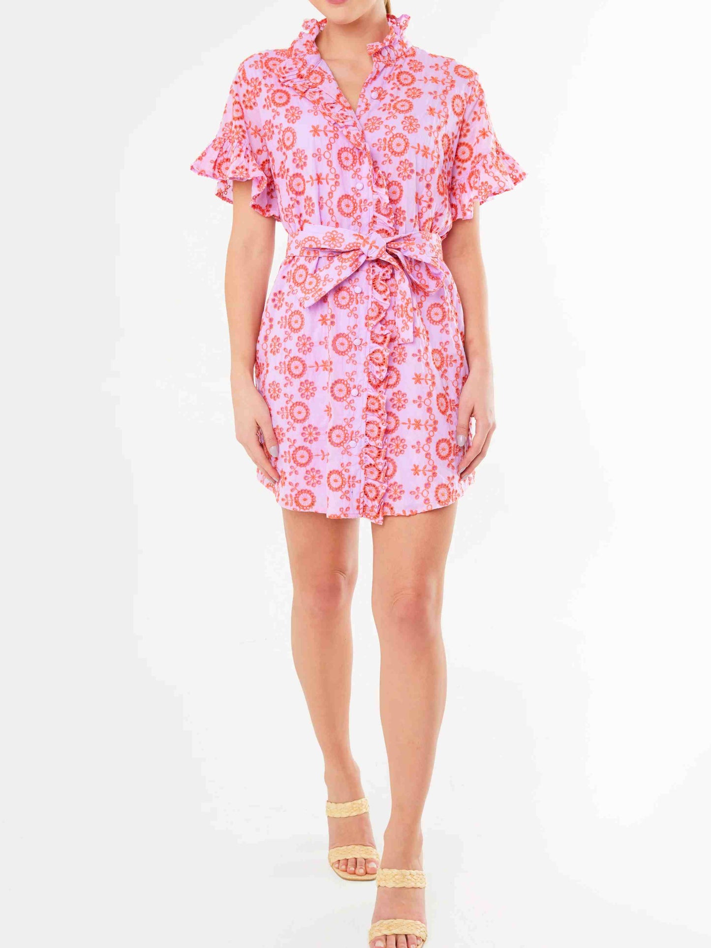 Ruffle Printed Belted Dress