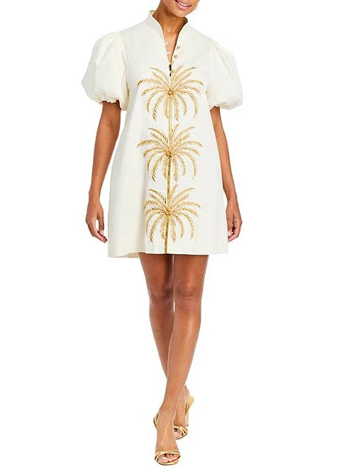 Palm Tree Embroidery Short Puff Sleeve Dress
