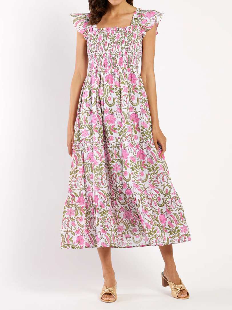 Ruffle Sleeve Cotton Print Dress