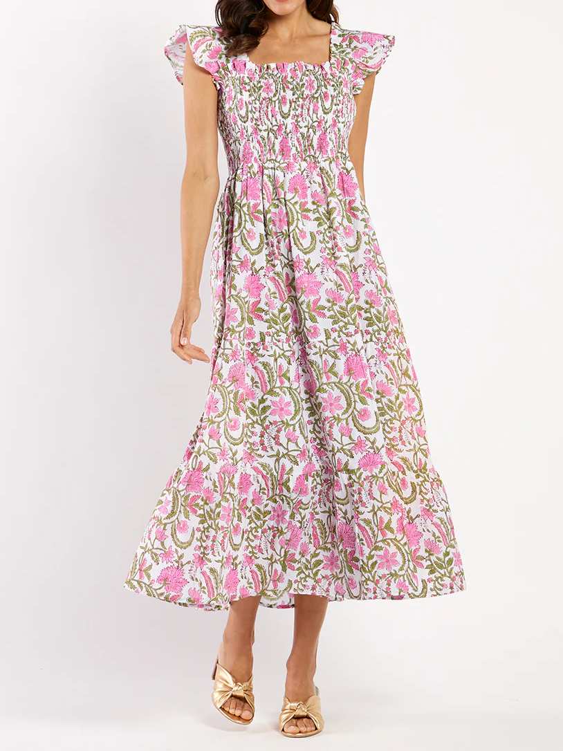 Ruffle Sleeve Cotton Print Dress