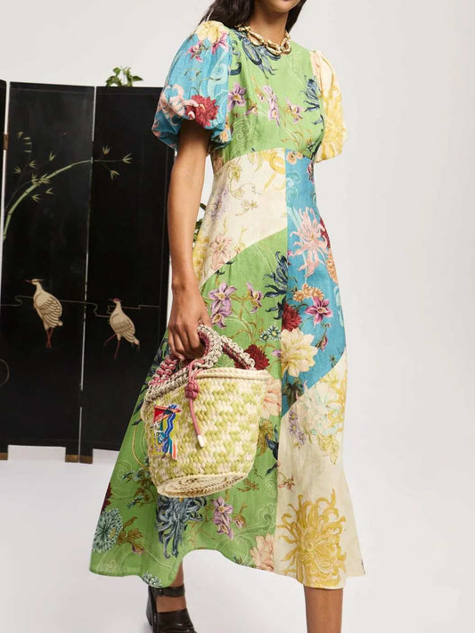 Elegant Printed Patchwork Midi Dress