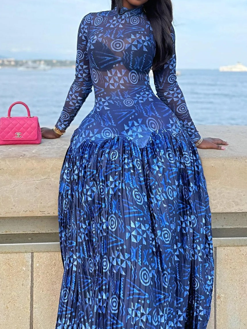Sheer Blue Mesh Maxi Dress