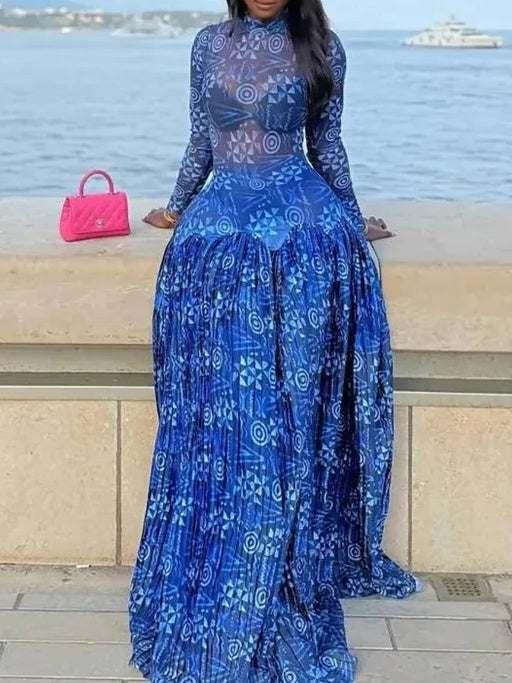 Sheer Blue Mesh Maxi Dress