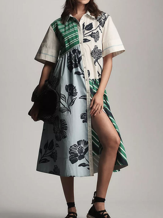 Mixed-Print Buttondown Dress