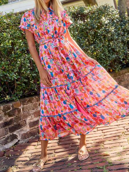 Short Sleeve Button Print Midi Dress