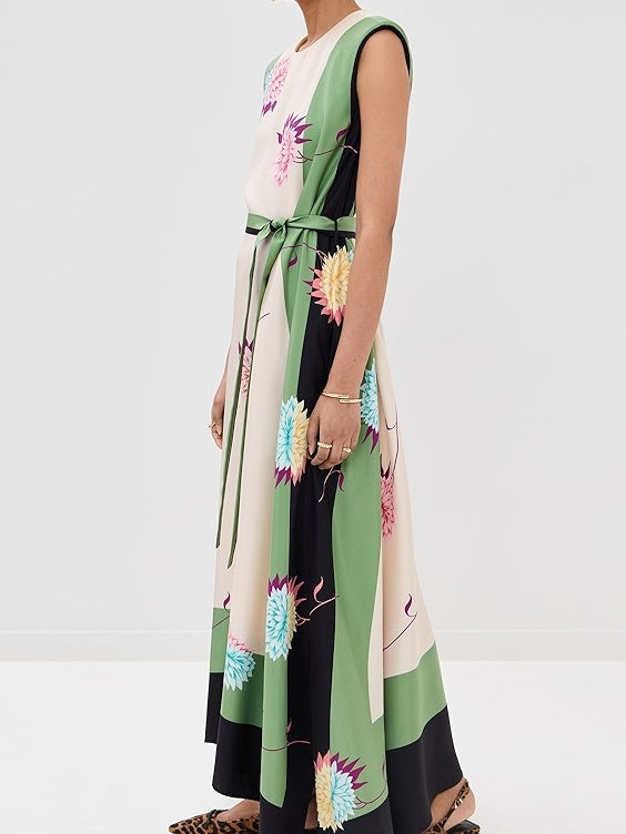 Crew Neck Floral Print Belted Dress