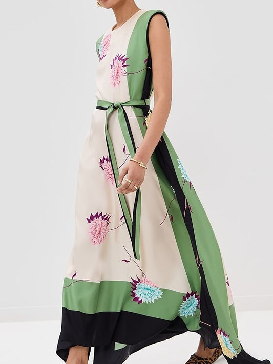 Crew Neck Floral Print Belted Dress
