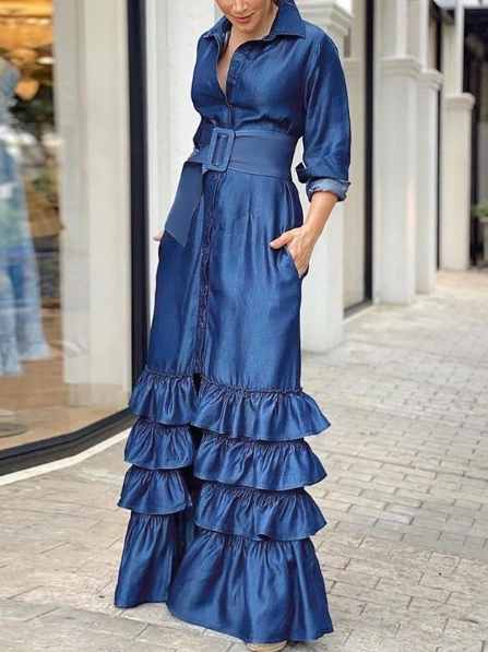 Long Sleeve Belted Elegant Dress
