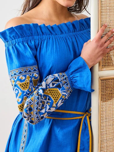 Embroidered Print Belted Midi Dress