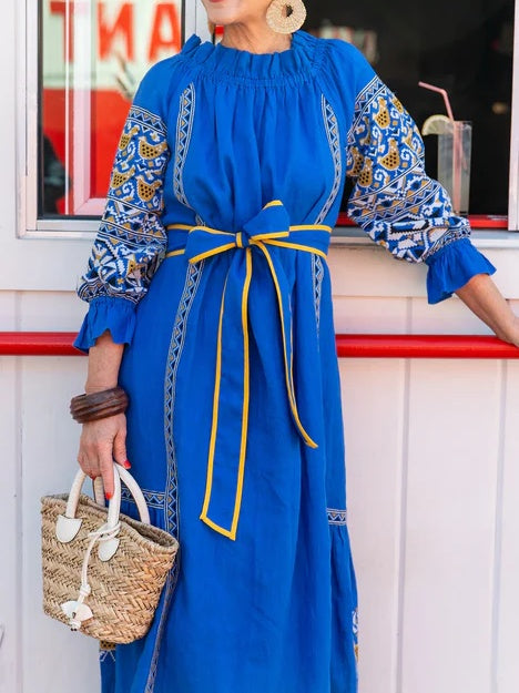 Embroidered Print Belted Midi Dress