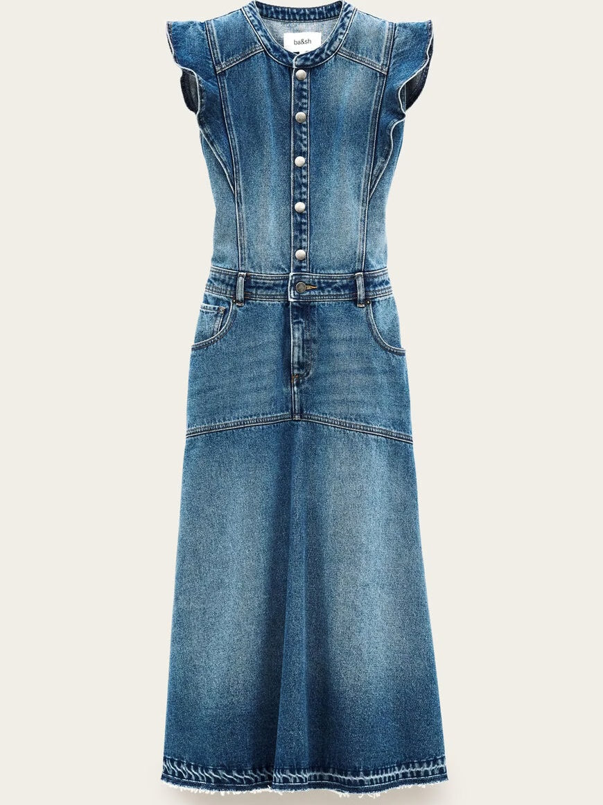 Ruffle Sleeve Denim Midi Dress