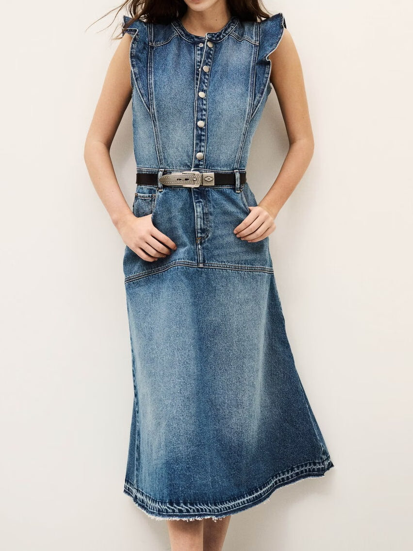 Ruffle Sleeve Denim Midi Dress