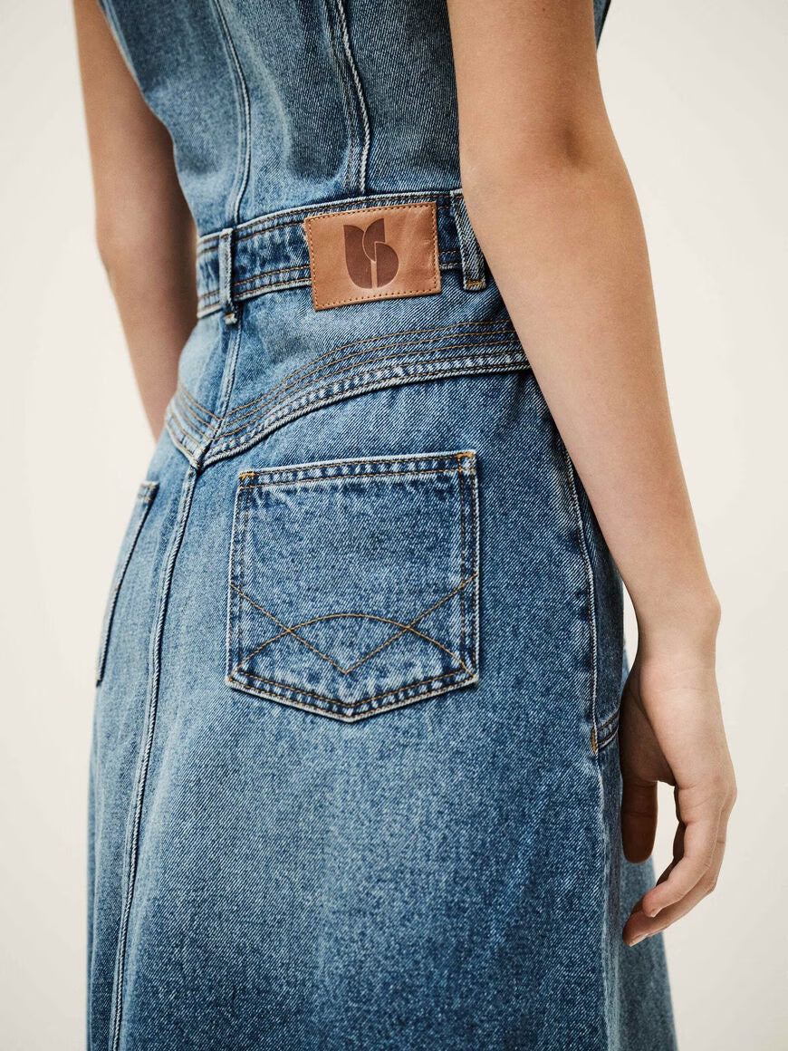 Ruffle Sleeve Denim Midi Dress