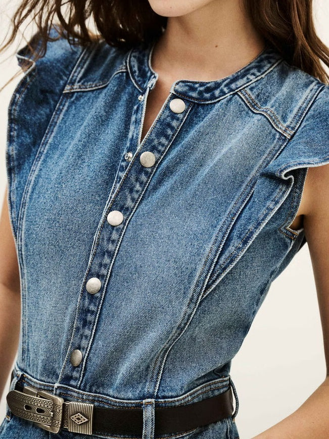 Ruffle Sleeve Denim Midi Dress