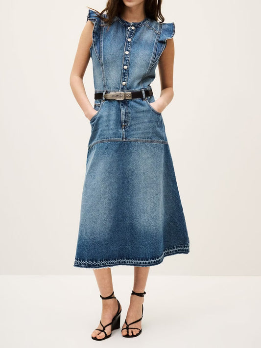 Ruffle Sleeve Denim Midi Dress