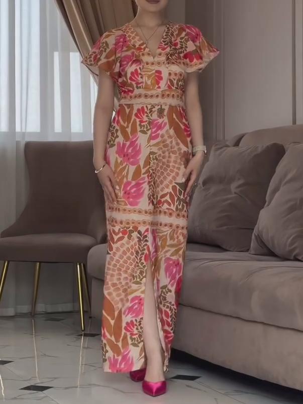 Ruffle Sleeve V-Neck Printed Dress