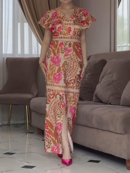 Ruffle Sleeve V-Neck Printed Dress