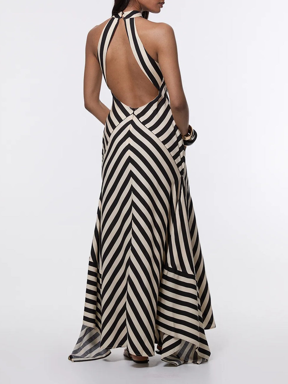 Mono Fluid Stripe Cotton Mix Woven Maxi Halter Dress