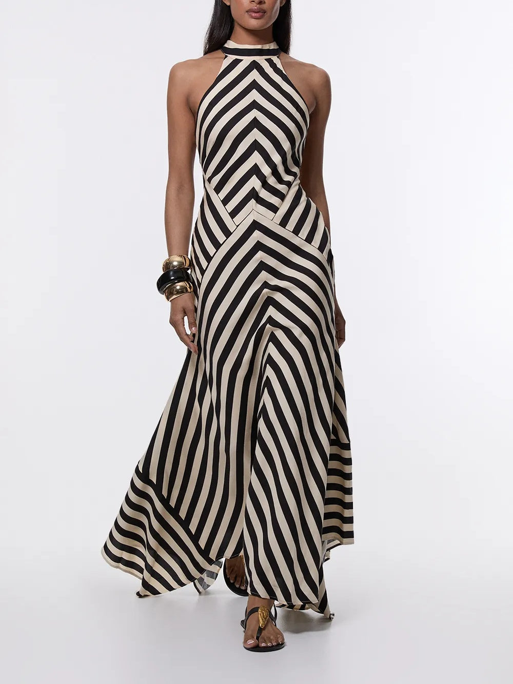 Mono Fluid Stripe Cotton Mix Woven Maxi Halter Dress