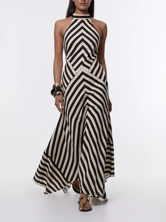 Mono Fluid Stripe Cotton Mix Woven Maxi Halter Dress