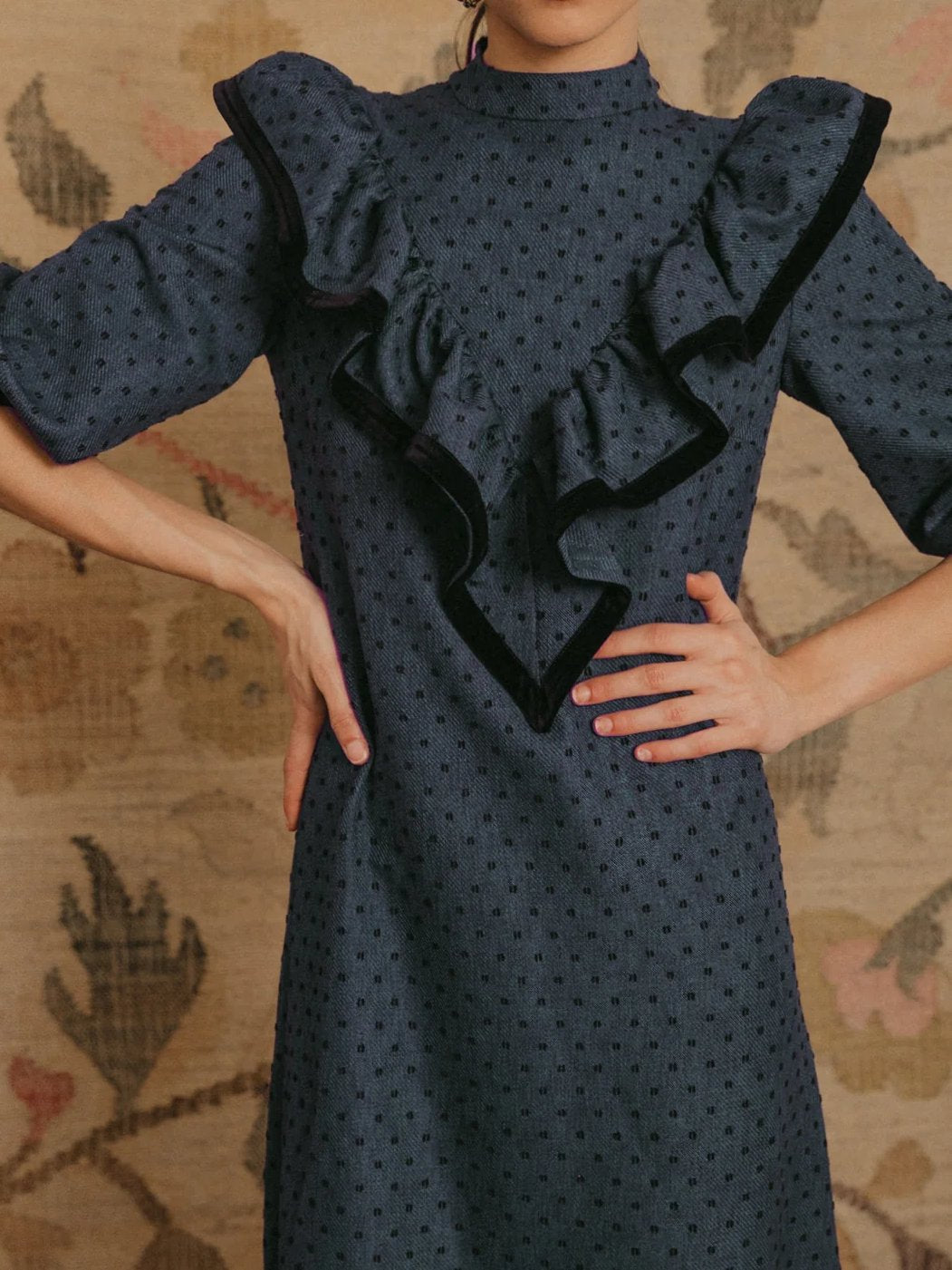 Three-quarter Sleeve Ruffled Print Dress