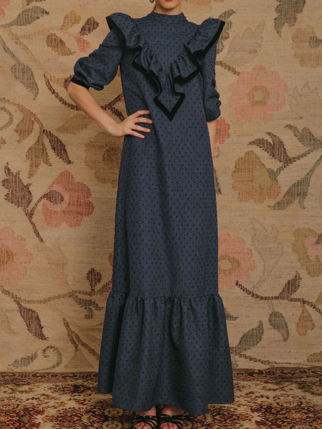 Three-quarter Sleeve Ruffled Print Dress