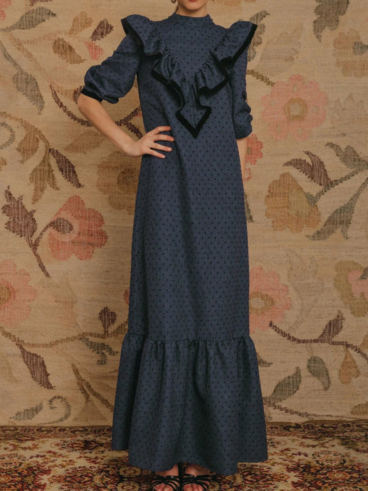Three-quarter Sleeve Ruffled Print Dress