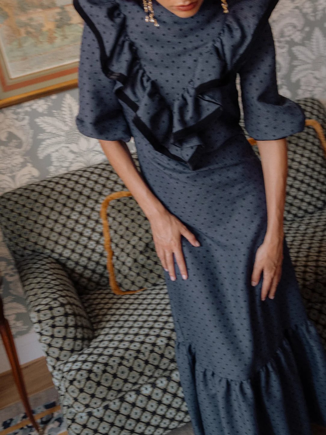 Three-quarter Sleeve Ruffled Print Dress