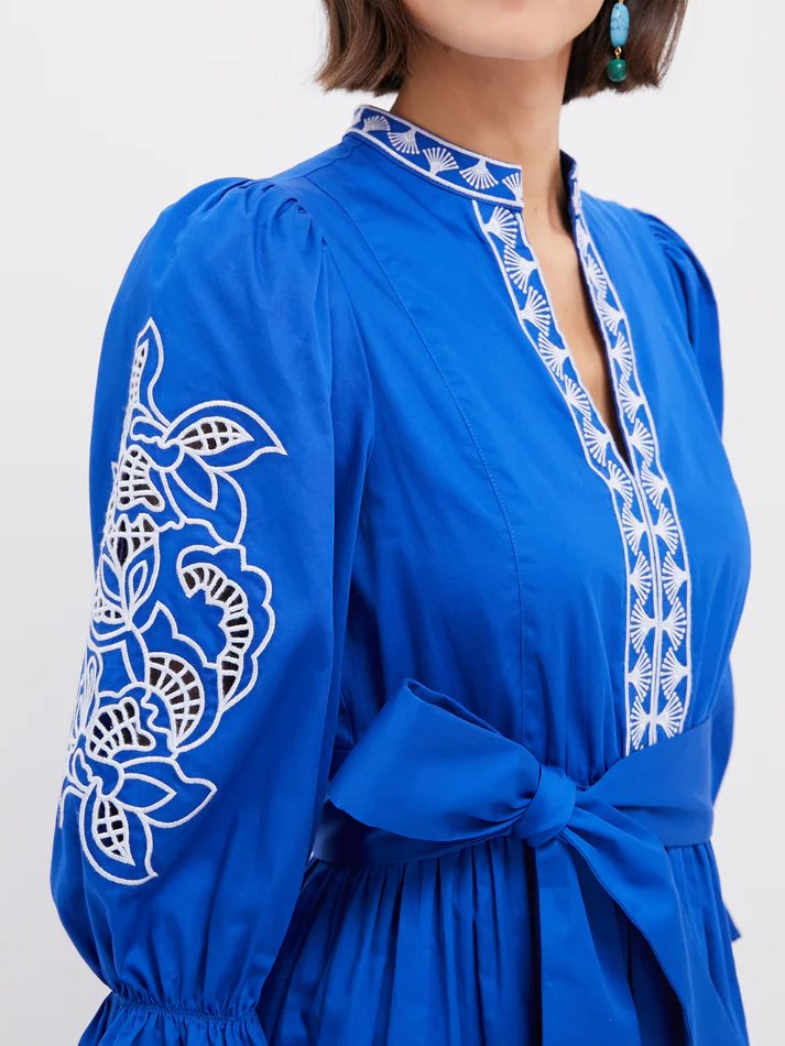 Royal Blue With Baby Blue Embroidery Midi Dress