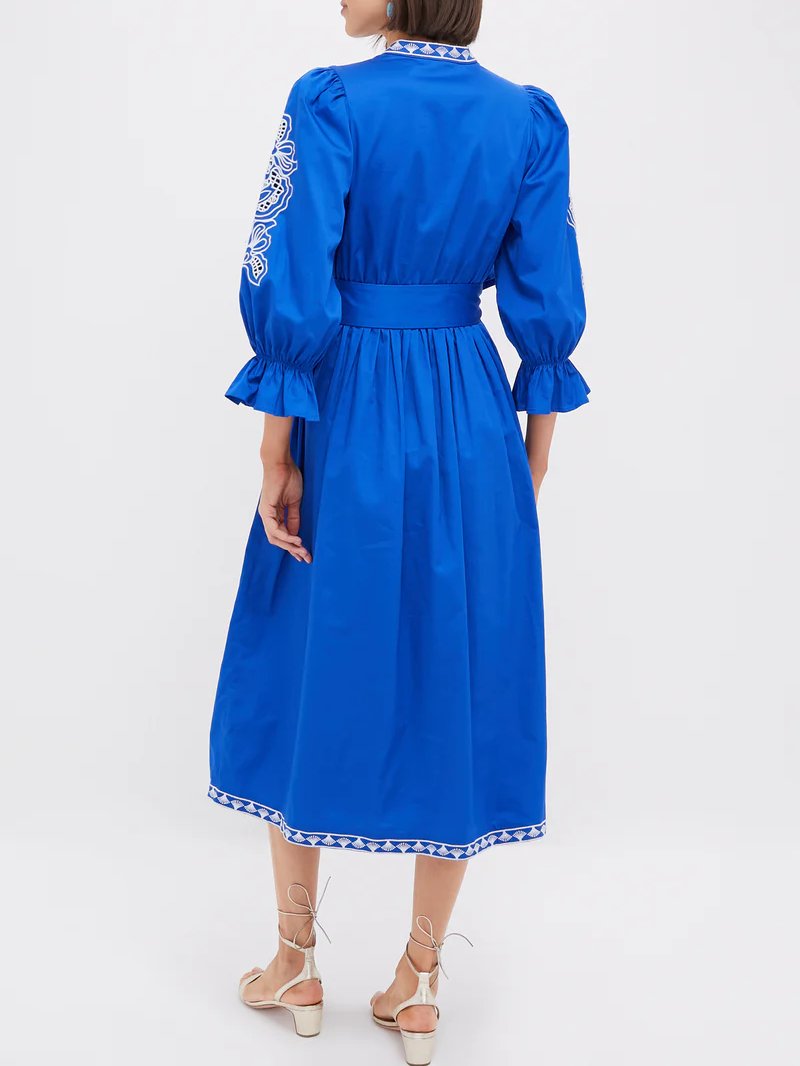 Royal Blue With Baby Blue Embroidery Midi Dress